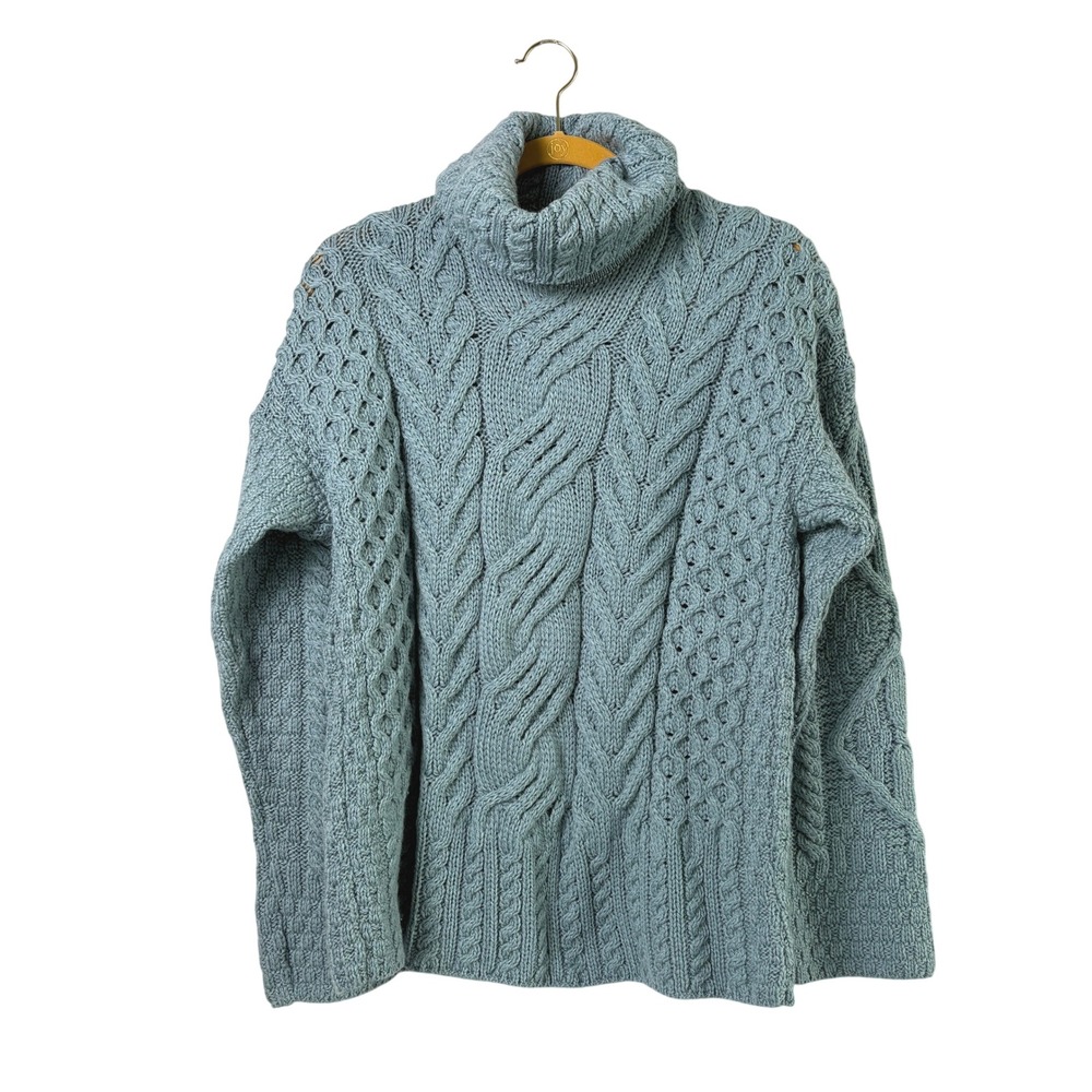 Carraig Donn Turtleneck Sweater Womens XL Blue Merino Wool Cable Knit Ireland